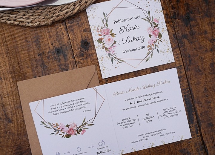 Zaproszenie na ślub różowe dodatki geometryczne z kopertą 