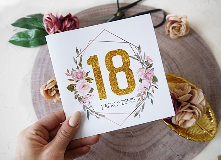 Zaproszenia na 18 urodziny z kopertą RÓŻANE do wypisania 10 sztuk 