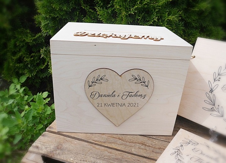 Skrzynka na koperty drewniana z imionami i datą pudełko ślub 