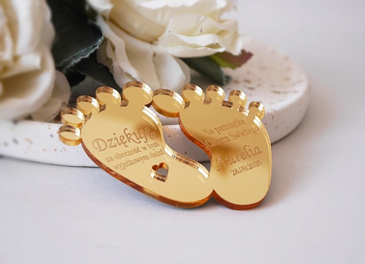 Podziękowanie dla gości chrzest roczek magnes stópki WORECZEK imię data 
