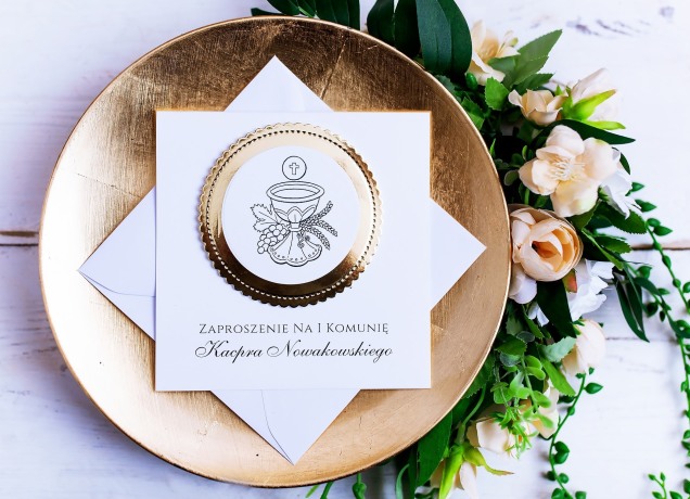 Zaproszenie na komunię MIRROR gold koperta
