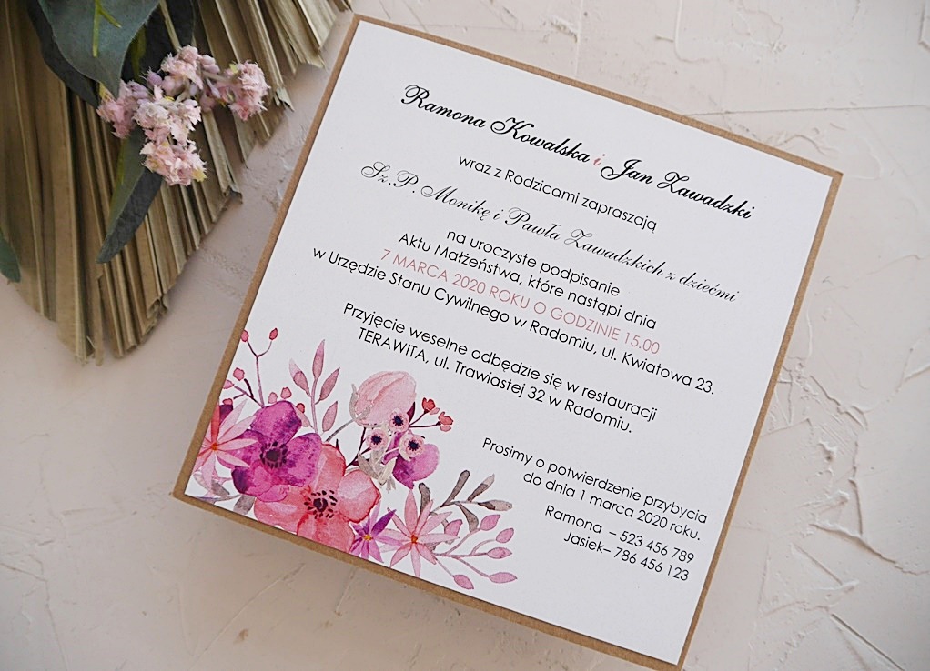 Zaproszenie na ślub MORENA  fioletowe kwiaty z kopertą 