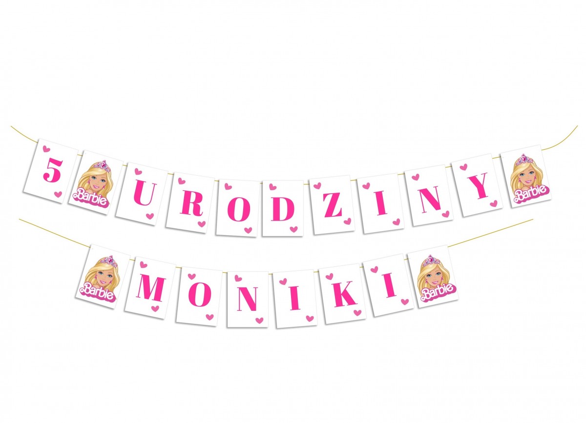 Girlanda na urodziny baner dekoracja Barbie twoje imię cyfra